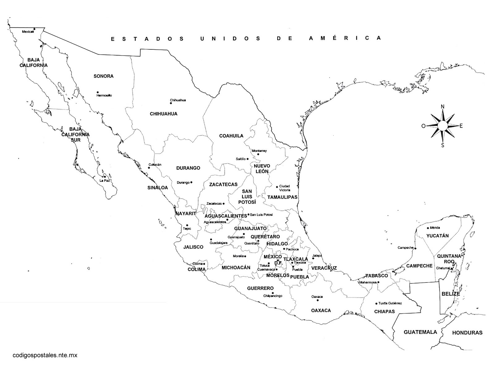 Mapa de Mexico con división política con nombres para imprimir